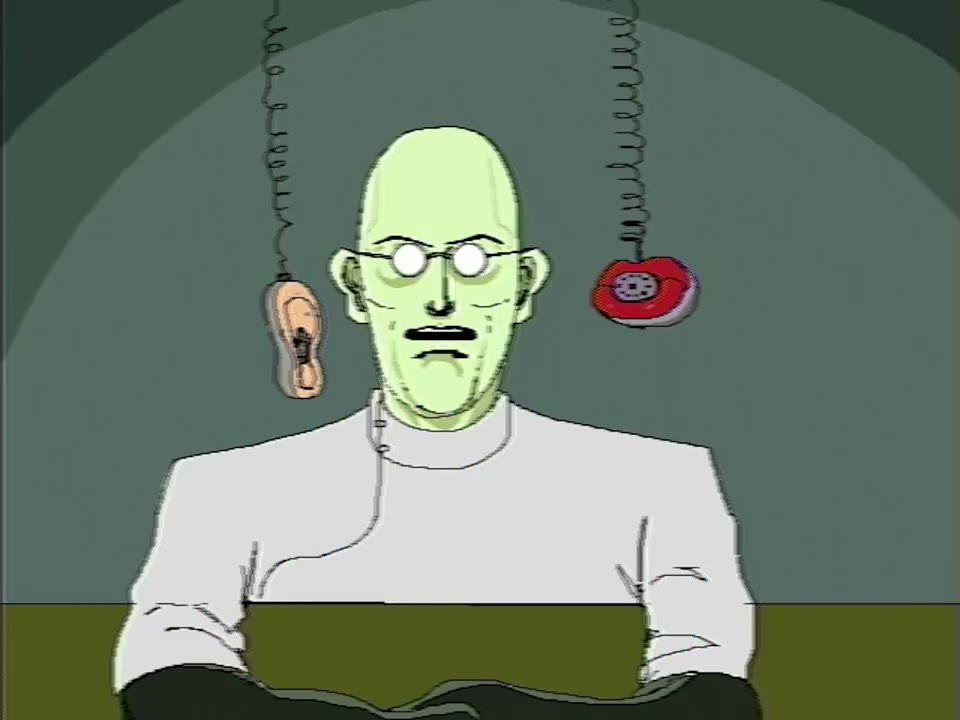 A bald, green-faced doctor in a white coat sits under an arch, a telephone and a human ear dangling from strings on either side of him.