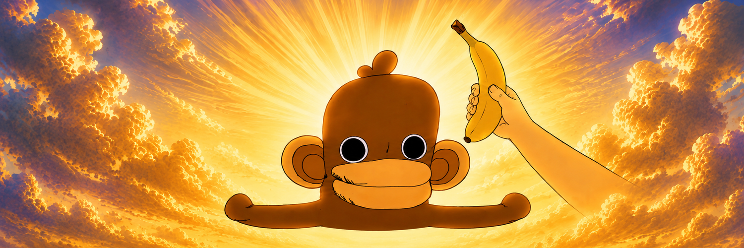 Community art: onkey floating in front of a golden sunburst sky while a hand offers him a banana.