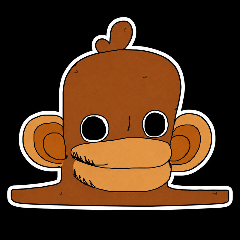 Onkey’s face cut out as a white-bordered sticker on a black background.